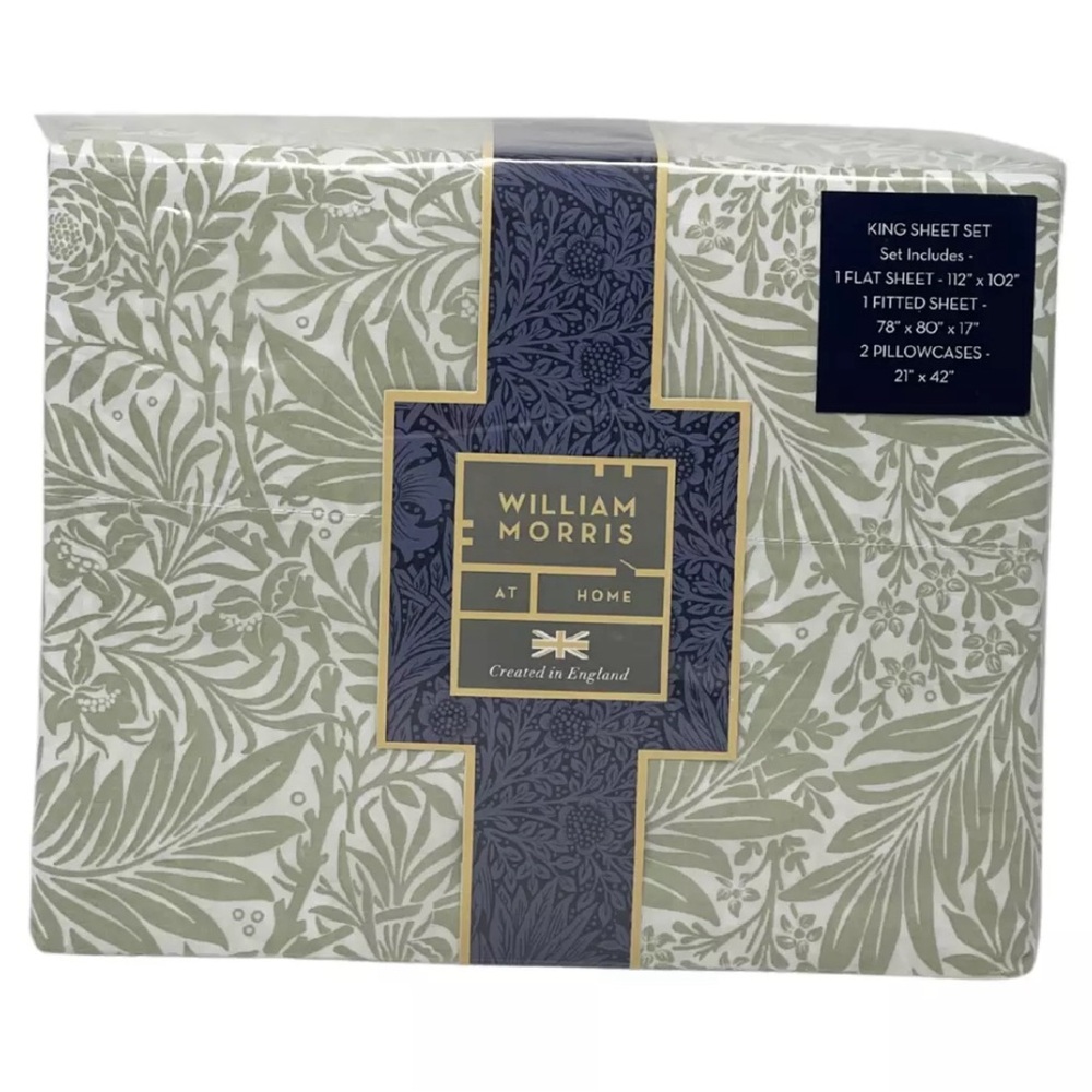WILLIAM MORRIS England KING 4PC Cotton Percale Sheet Set Larkspur White Sage NEW